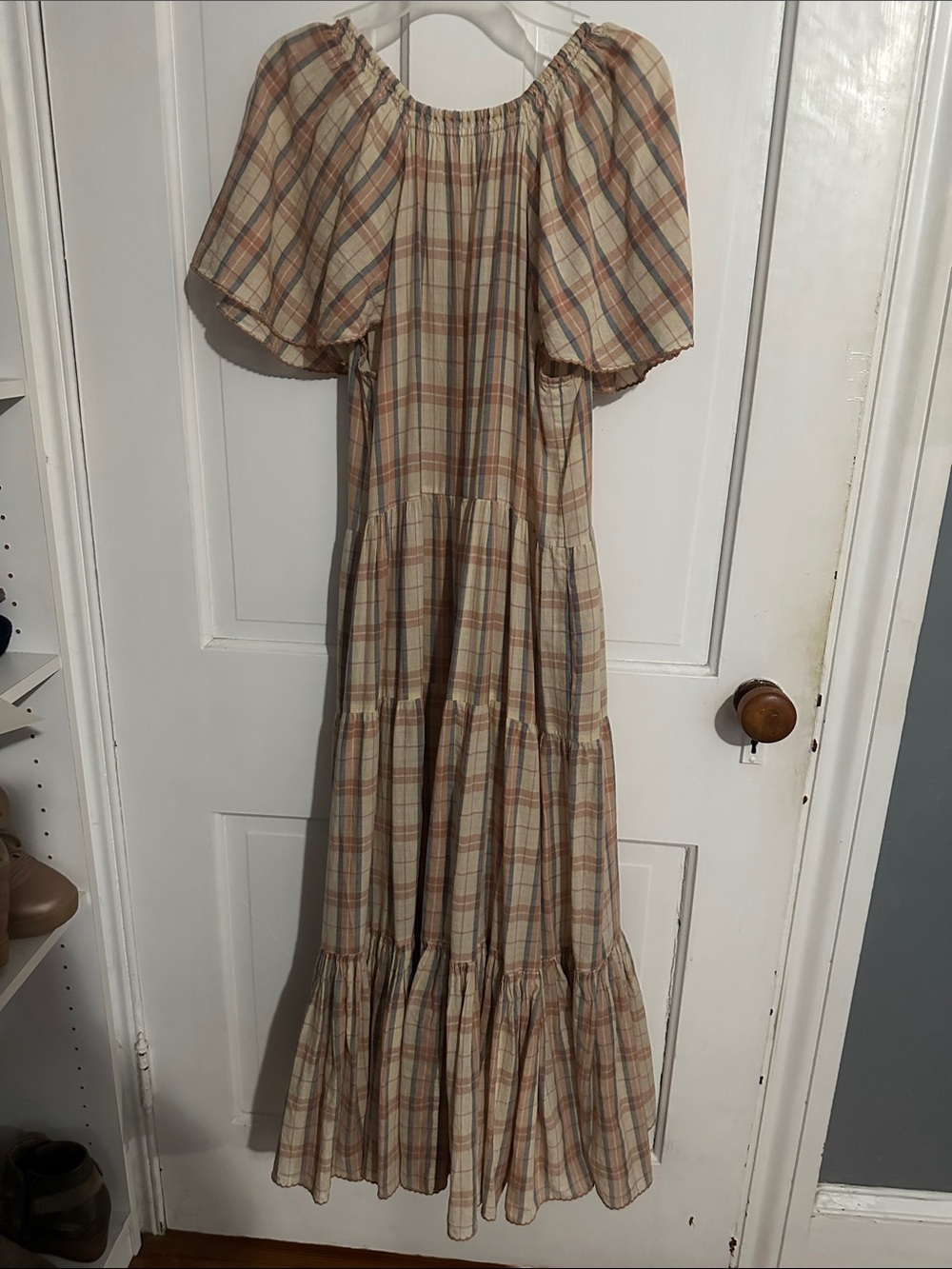 THE GREAT. Plaid Tiered Maxi Dress in Beige and Rust - Picture 9 of 9